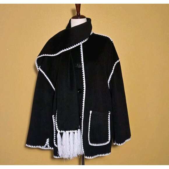 VICI Contrast Coat W Scarf Mid Length Fleece White Trim Style Fringe VC1094VC B - Picture 2 of 11